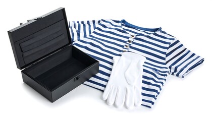 Nautical themed composition featuring open black box striped shirt and white gloves against a white backdrop