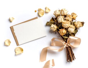 Dried roses with cream ribbon and a blank card on white background. Scattered petals adds gentle touch. Top view