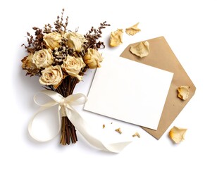 Dried flower bouquet with ribbon blank card and envelope on a white background