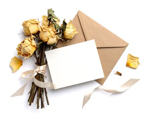 A bouquet of dried yellow roses with a blank white card and a brown envelope on a white background. The scene is top-down lit