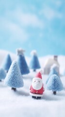 Small Santa Claus figurine standing in snowy forest with pine trees, winter daylight scene.