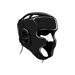 A dark boxing helmet is depicted on a white surface, angled to the right side