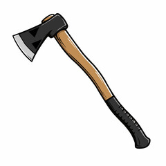 Cartoon illustration of an axe with a black head and a brown wooden handle on white