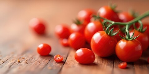 A cluster of ripe red tomatoes on a rustic wooden surface, some individual tomatoes scattered nearby, showcasing their vibrant color and natural texture.