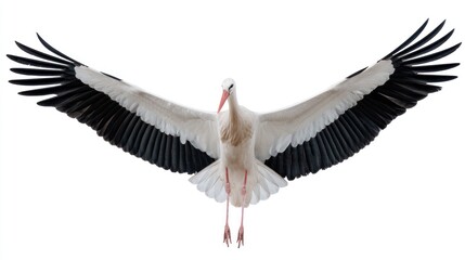A stork flying with long legs trailing behind, wings fully extended, centered in the frame, white background, high-resolution, detailed plumage, studio lighting © Lumi_Studio