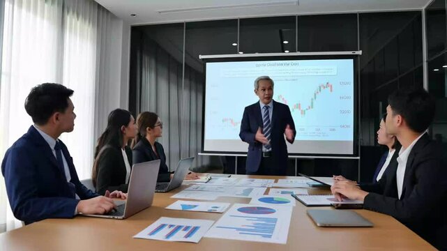 Investment strategy session focuses on portfolio diversification and risk management techniques in a modern office setting