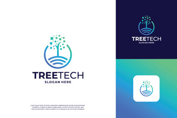 Pixel tree logo design for technology