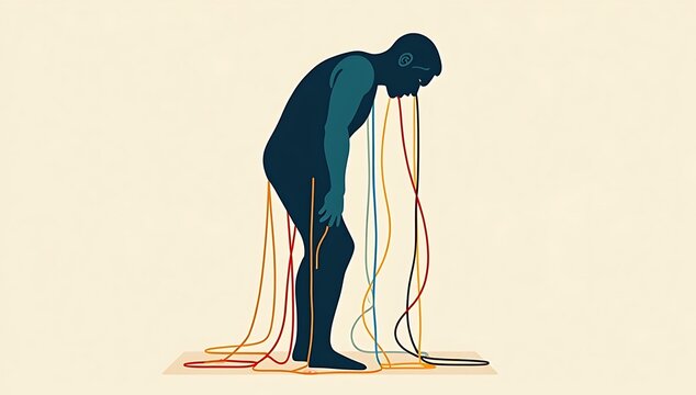 Flat vector of a human silhouette plugged into multiple charging cables, representing energy depletion, burnout, and tech dependency

