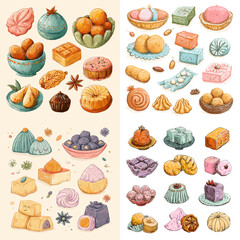 Beautiful pastel hand-drawn Asian sweets and traditional cakes like mochi, tangyuan, and mooncakes, ideal for dessert packaging, blogs, and culinary illustrations.

