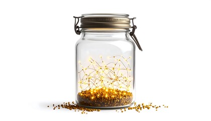 Glass jar filled with golden particles isolated on white background symbolizing concept of treasure wealth or magic