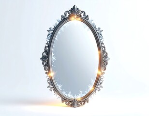 Ornate oval mirror with detailed silver frame and golden highlights on a soft gradient background. Evokes elegance and reflection