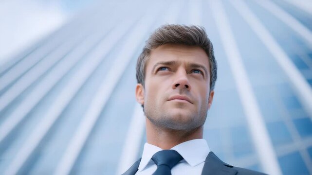 Ambitious Vision: A determined professional gazes upward with a focused gaze, set against the backdrop of a modern skyscraper, symbolizing ambition, leadership, and forward thinking.