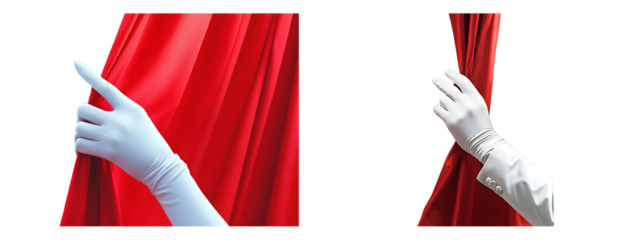 Set of Hands pulling back a vibrant red curtain. isolated on transparent background