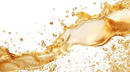 Dynamic golden liquid splash, exhibiting flowing curves and numerous air bubbles against a stark white backdrop