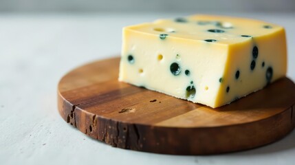 A delectable wedge of creamy, pale yellow cheese speckled with dark blue-green mold rests on a rustic, circular wooden board.