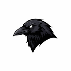 Dramatic illustration of a stylized raven head, depicted in a dark gradient tone