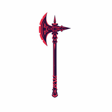 Illustrated polearm features sharp axe blade and ornate design elements in red, black