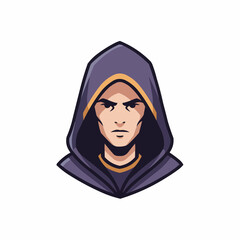 Cloaked figure with a menacing look, shadowed eyes and purple hood, minimalistic art