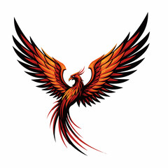 Obraz premium Fiery phoenix ascending, wings spread wide in shades of orange, red, and black against a white backdrop
