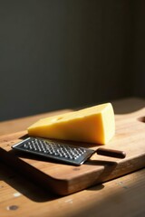 A wedge of pale yellow cheese rests on a smooth wooden board, accompanied by a small metal grater with a dark handle, bathed in soft sunlight.