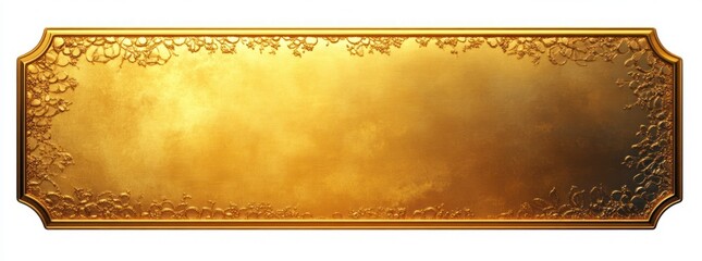 ornate vintage gold rectangular plaque with floral embossed patterns on corners and edges with shiny metallic finish