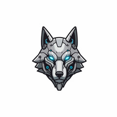 Robotic wolf with shining blue eyes and pointy ears peeking into the view on white
