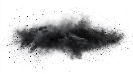 A dramatic cloud of black powder explodes against a stark white background, creating a textured, abstract image