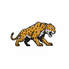 Animated jaguar with black spots, ready to pounce, sharp teeth, and glowing red tongue
