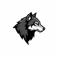 Gray wolf head illustrated with sharp features on a white background