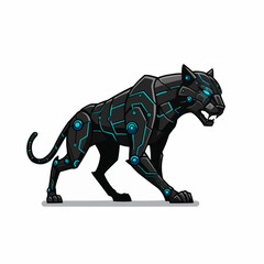 Cybernetic panther with black body and glowing blue lights, a technological animal