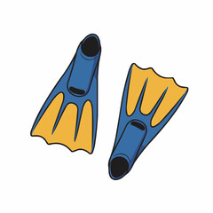 Two blue and yellow cartoon diving fins on a white background