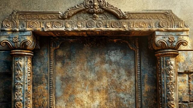 Ornate stone columns frame a weathered, rectangular space, ideal for text or imagery