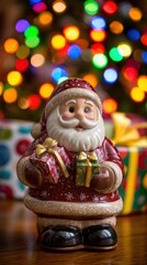 Close-up of a red and white Santa Claus figurine on a wooden table with blurred background.