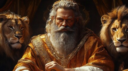 Regal bearded man in ornate golden robe seated majestically with two lions flanking him against a dark background, exuding power and authority