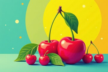 Vibrant Red Cherries on a Colorful Abstract Background A Delightful Still Life of Juicy Fruit