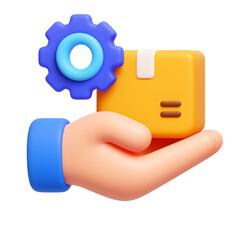 3D Render of a Hand Holding a Package with a Gear, Representing Order Processing and Logistics
