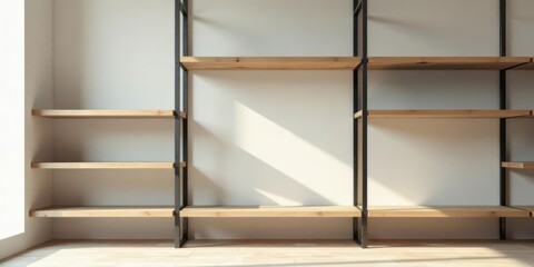 Empty wooden shelves with a minimalist metal frame against a neutral wall bathed in sunlight