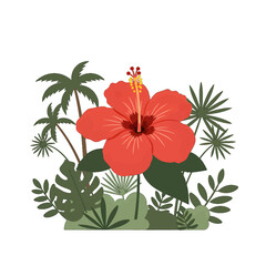 Vibrant Red Hibiscus With Tropical Plants