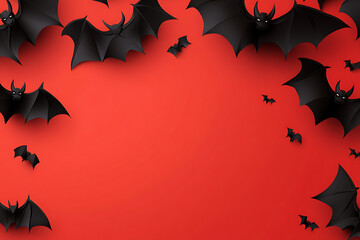 Naklejka premium Black bats flying against a vibrant red background, creating a spooky atmosphere for Halloween