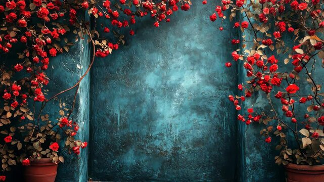 Red roses arching over a teal textured wall