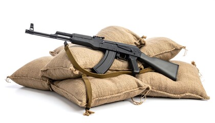 A black rifle rests atop stacked sandbags on a white background. Focus is sharp on the weapon and bags highlighting military and security themes