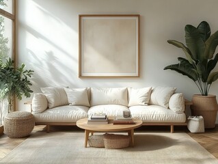 Bright living room with a beige sofa, wooden coffee table, large potted plants, woven baskets, and natural light casting soft shadows on a neutral wall with a blank framed canvas