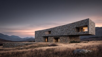 Obraz premium Stone House Modern architecture blends into nature Cantilevered design.