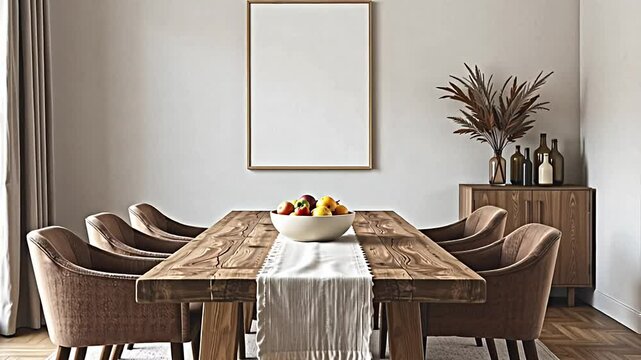 the dining room features a minimalist aesthetic emphasizing raw materials and organic forms. a sturdy wooden dining table, displaying visible wood grain and natural imperfections, anchors the space