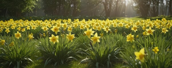 Cheerful yellow daffodils in full bloom, bathed in sunlight, set amidst lush green grass , blossom, grassy