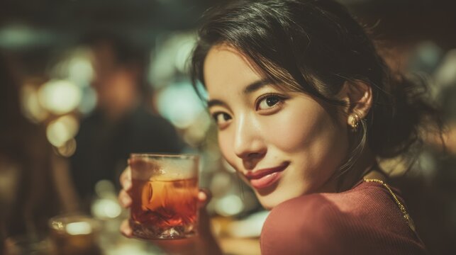 Close-up of a Japanese lady enjoying a whiskey cocktail at a vintage jazz bar, facing the camera with soft expression, warm tones, real photo 4K