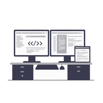 Simple Illustration Of Multiple Computer Screens And Tablet On A Desk