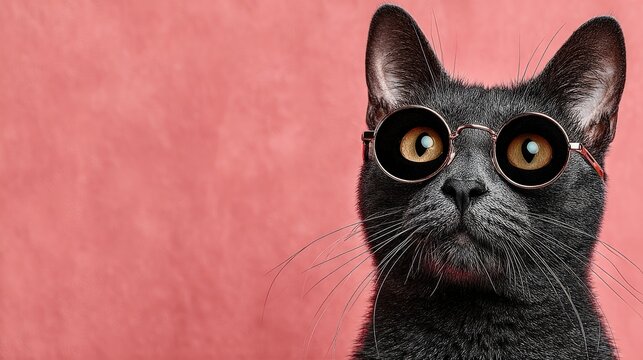 Smart Cat with Glasses: A sophisticated gray cat models stylish round glasses with a charming and curious expression, all against a vibrant backdrop that enhances its elegant charm.