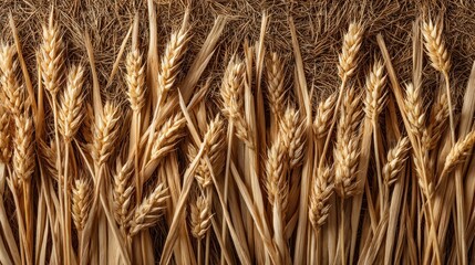 Golden wheat stalks arranged in a field