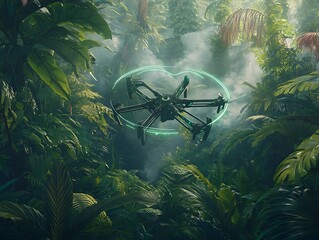 A stealth tech aerial drone scanning a dense urban jungle for quantum signatures.